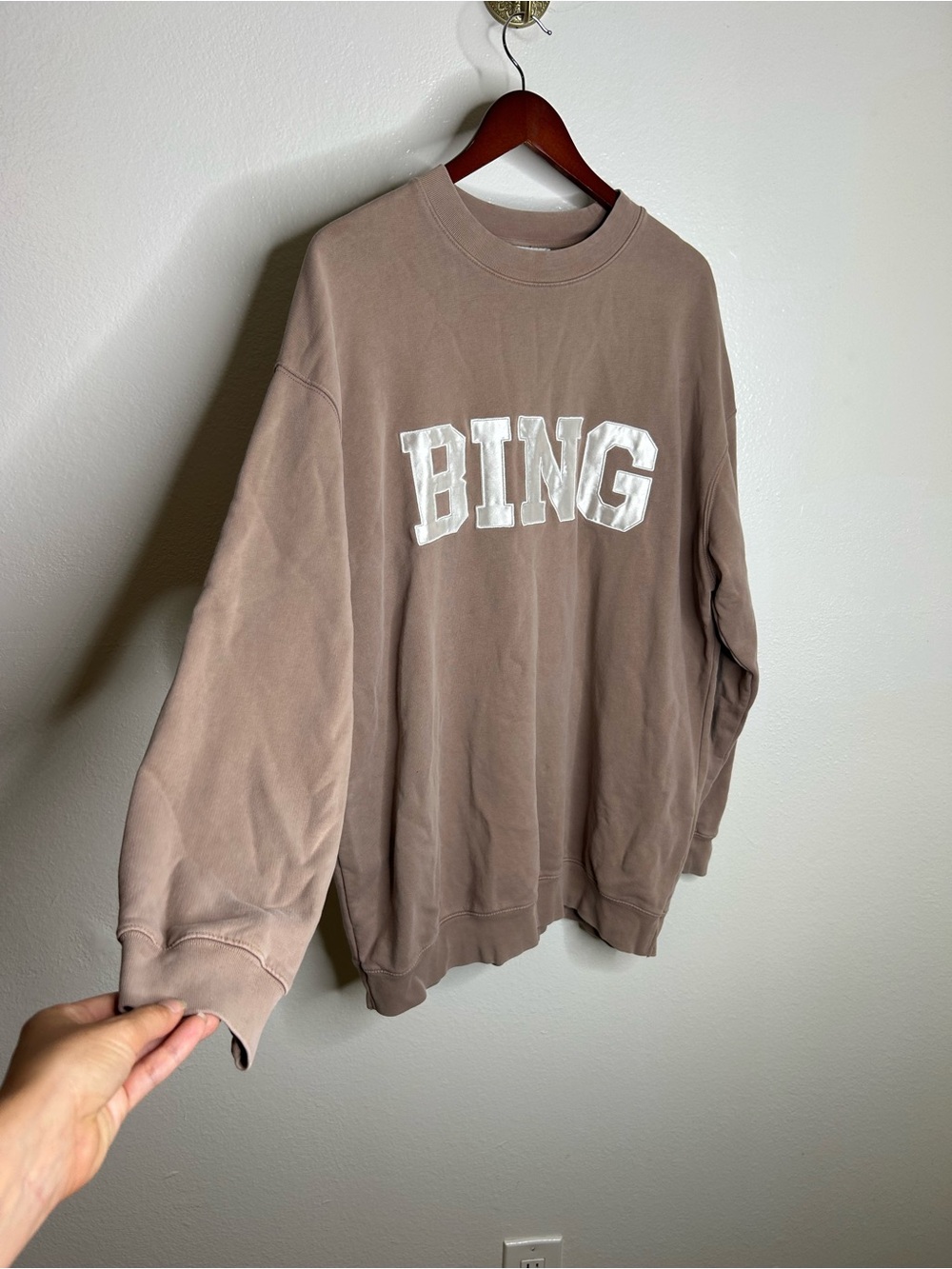 Anine Bing 100% Cotton Oversized Tyler 'BING' Spellout Sweatshirt in Tan - Picture 7 of 16
